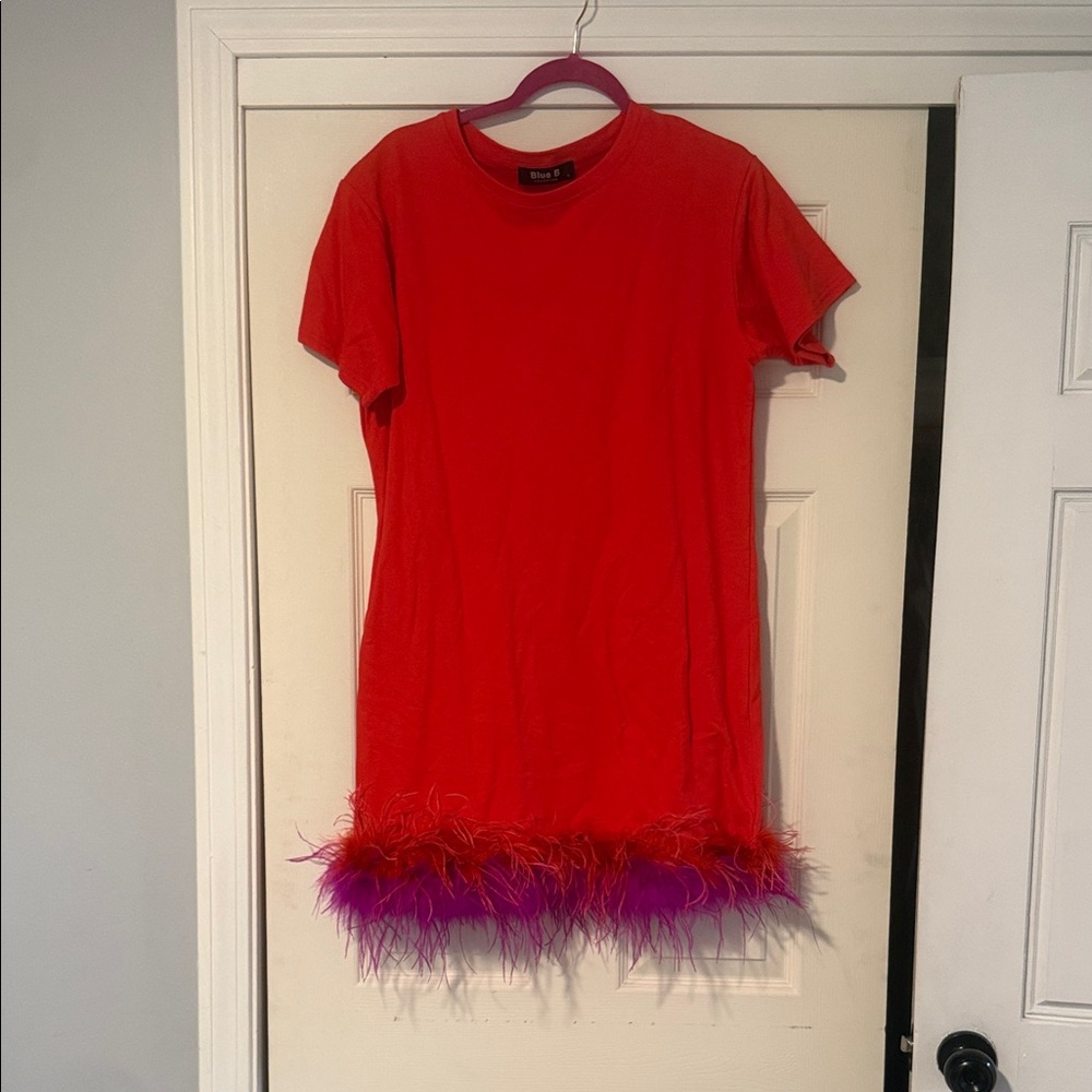 Vibrant red T Shirt Dress with Feather Trim Blue B